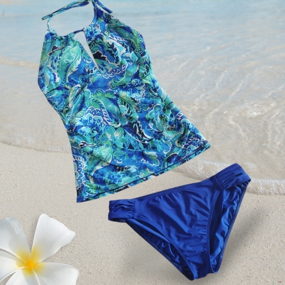 Lauren Ralph Lauren 2-Piece Halter Tankini Swimsuit In Royal Blue/Floral - Sz 6